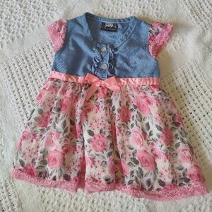 Floral Chambray Dressy Top Ribbon Bow Ruffle Size 24 Months
